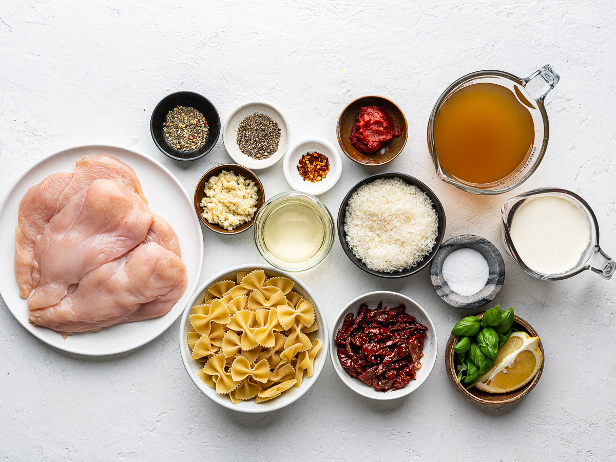 Recipe ingredients prepared in small bowls and plates.