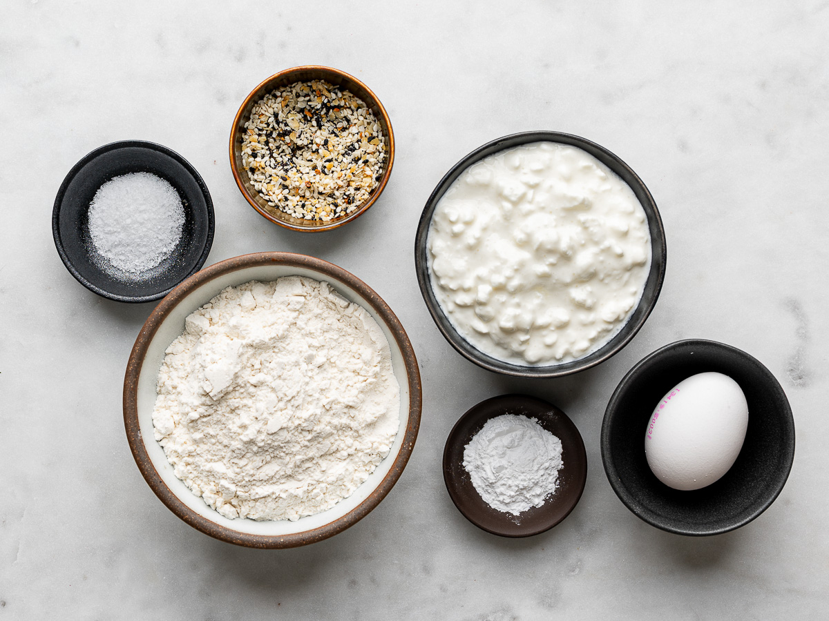 Recipe ingredients prepared in bowls. 