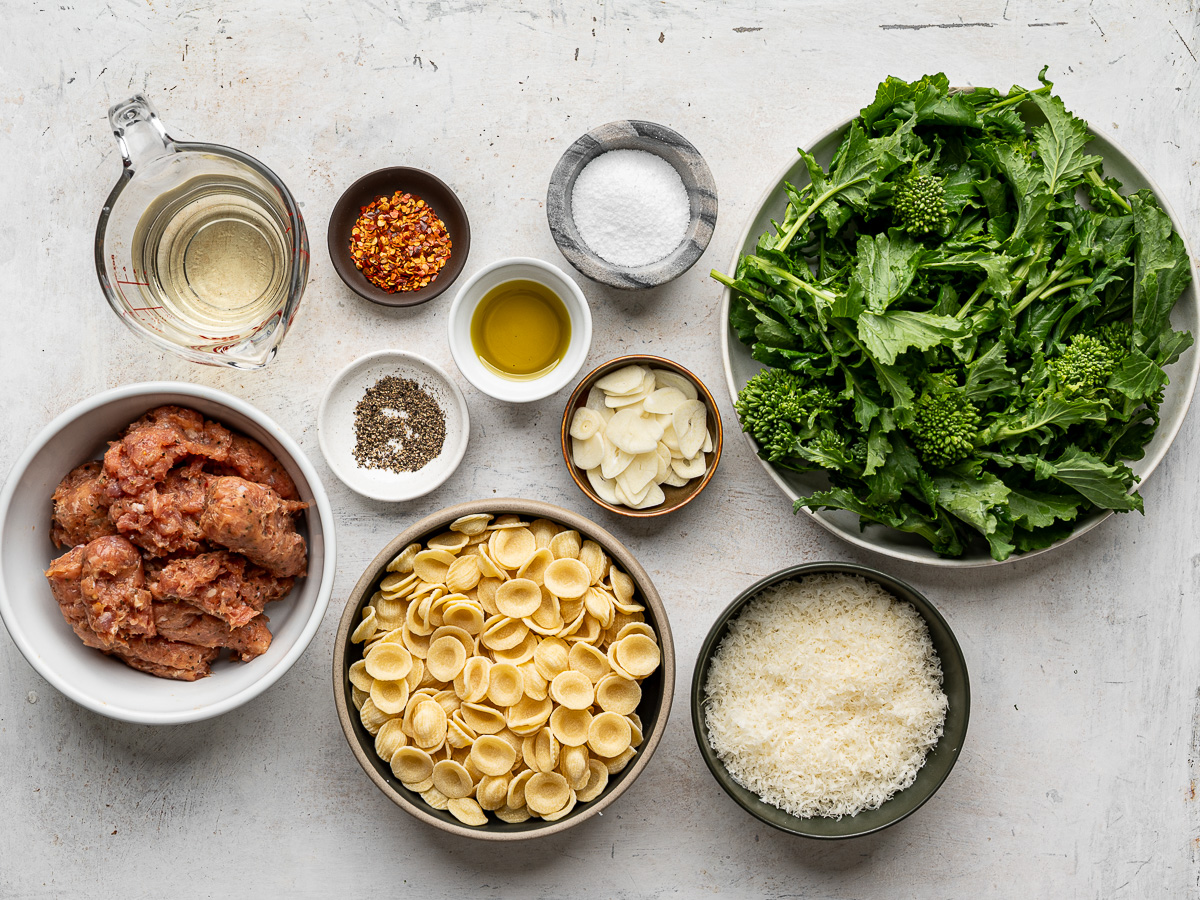 Recipe ingredients prepared in small bowls. 