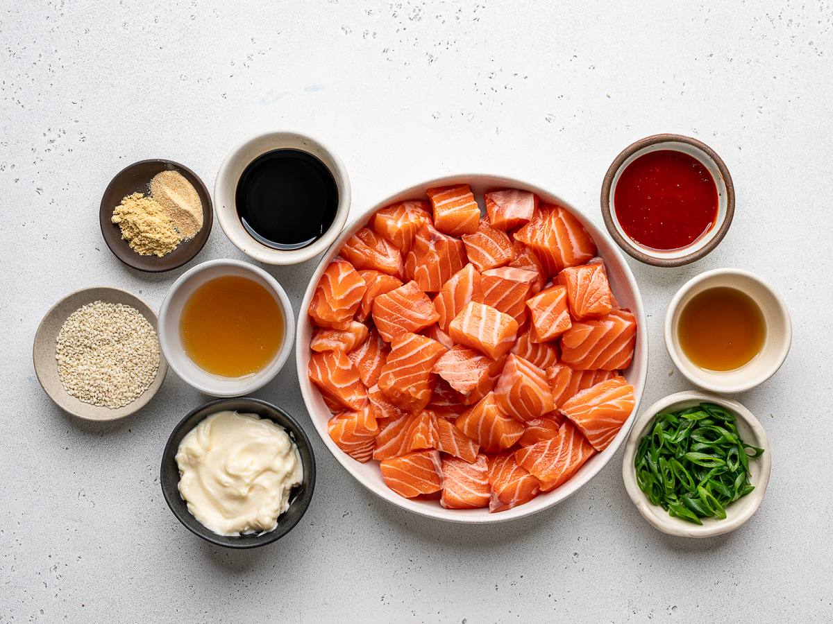 Recipe ingredients prepared in bowls. 