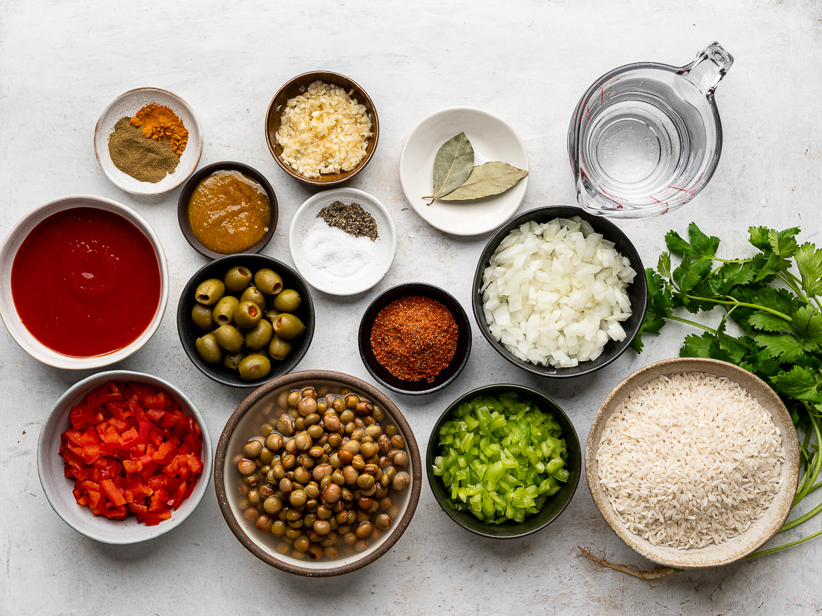 Recipe ingredients prepared in individual bowls. 