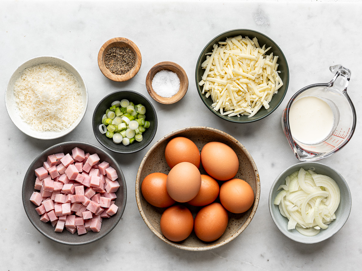 Recipe ingredients prepared in individual bowls. 