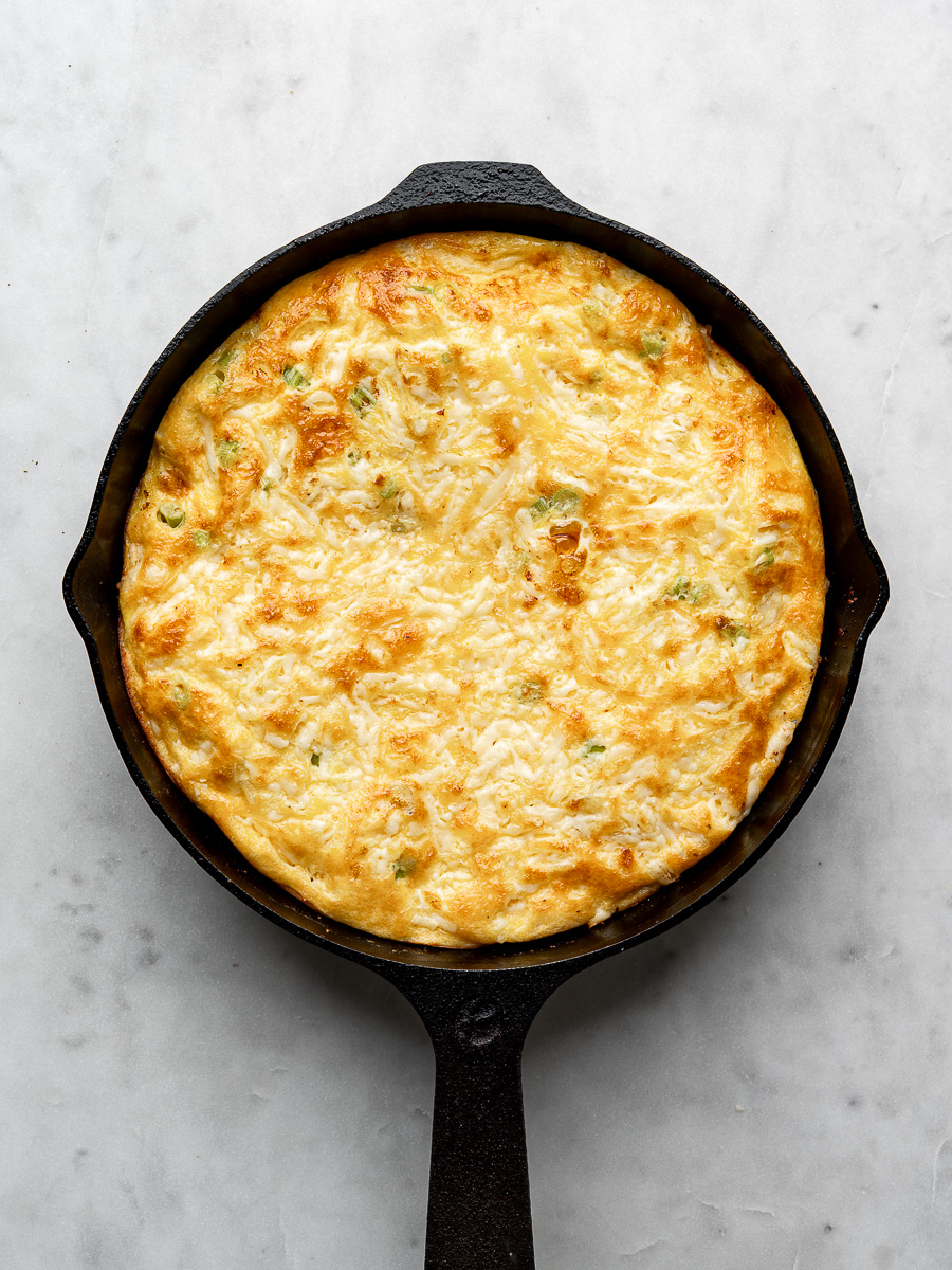 Baked frittata in cast iron skillet. 