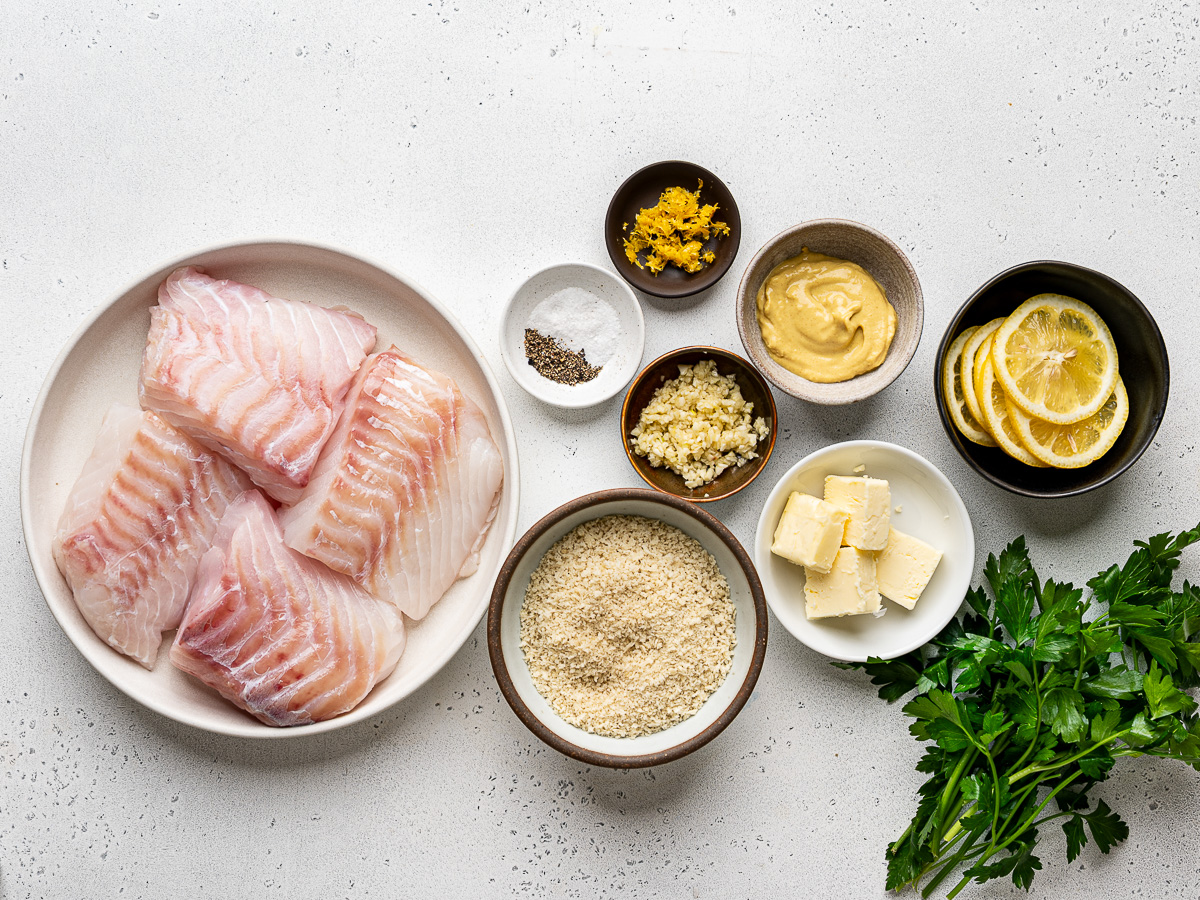 Recipe ingredients prepared in bowls. 