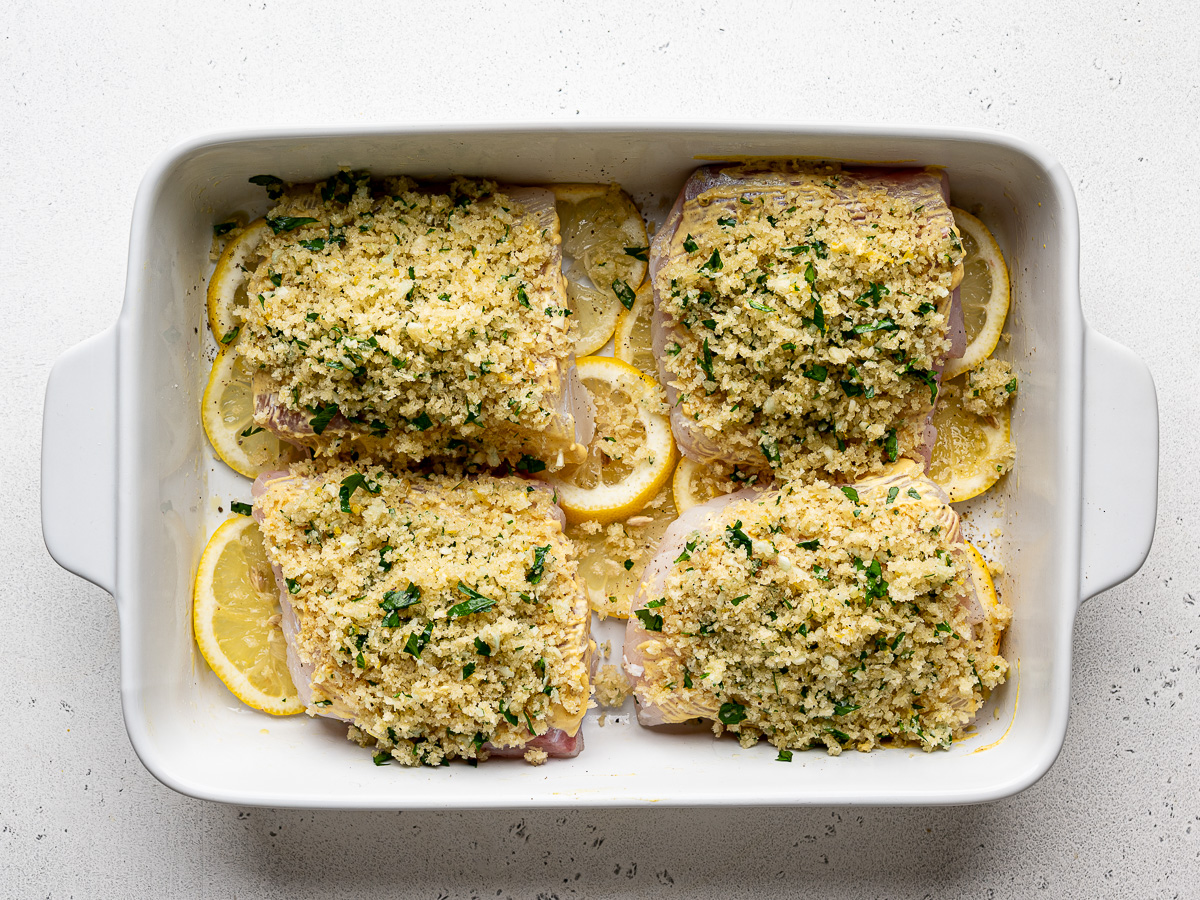 Unbaked cod fillets topped with panko breadcrumb mixture. 