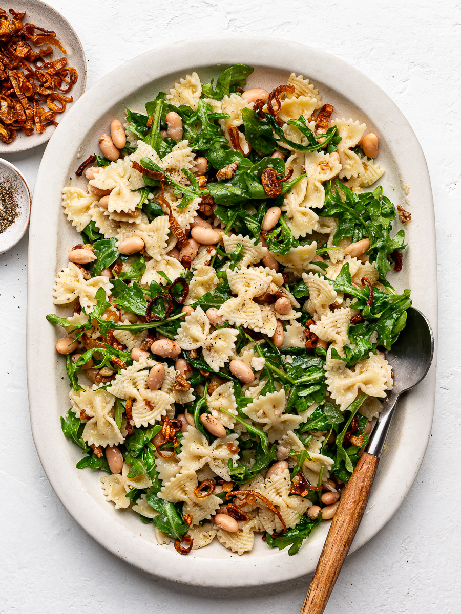 Arugula Pasta Salad with White Beans and Crispy Shallots