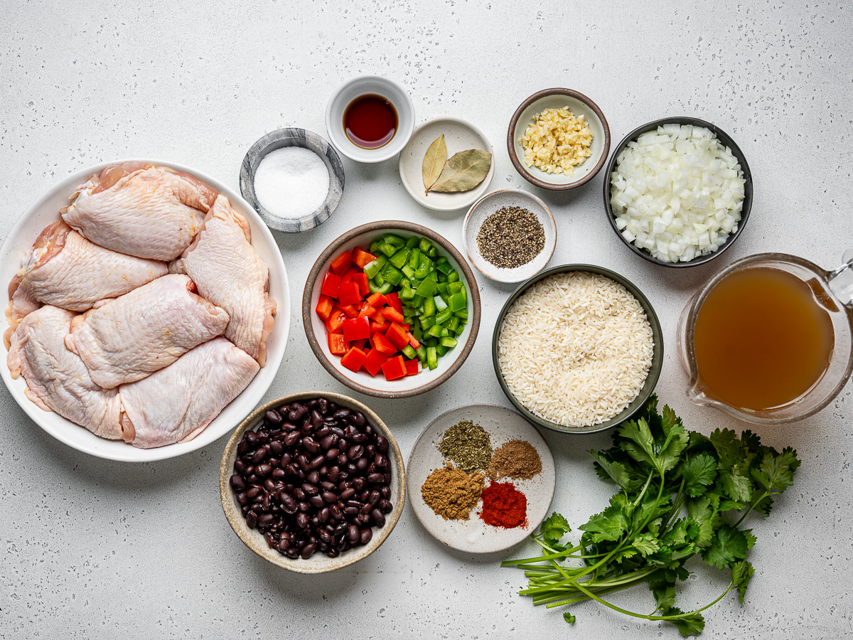 Recipe ingredients prepared in small plates and bowls.