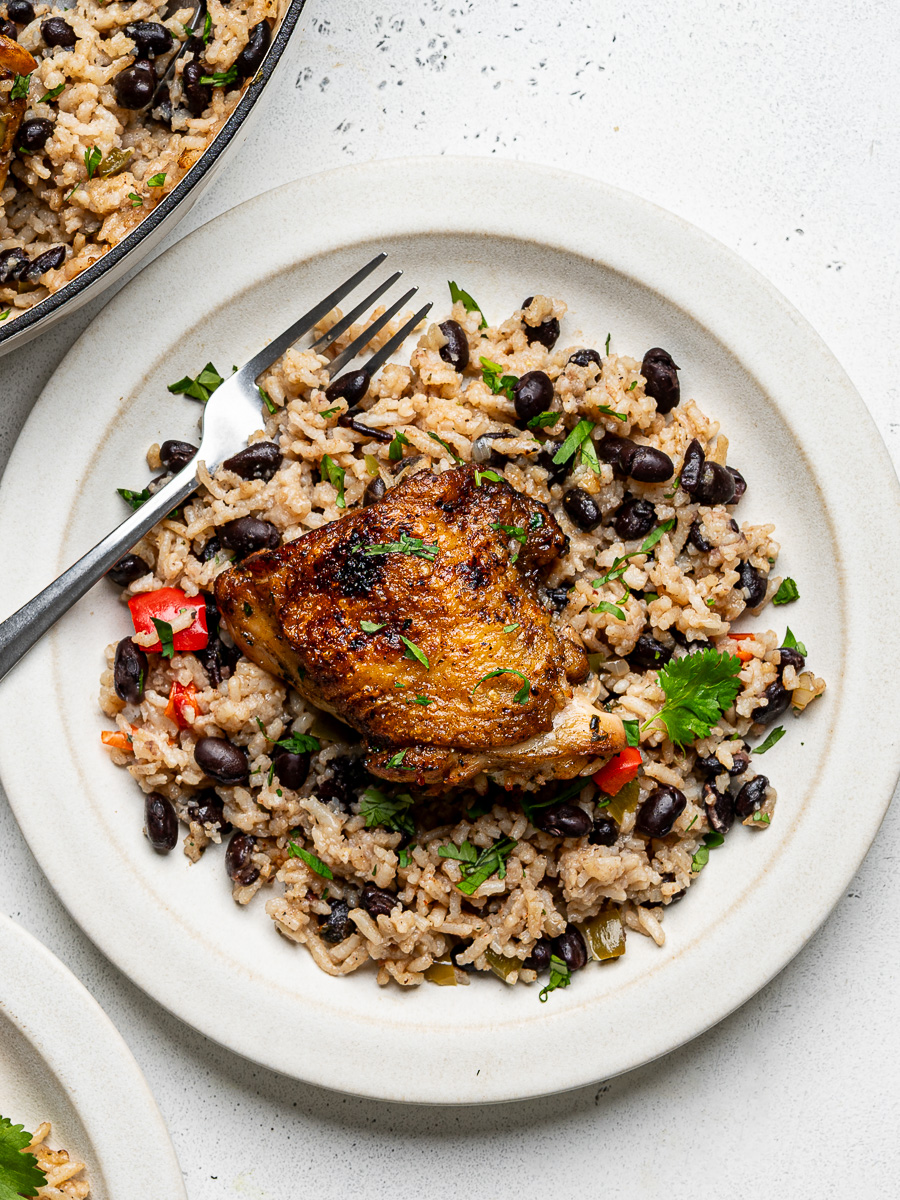 Chicken with rice and black beans served on a white plate.
