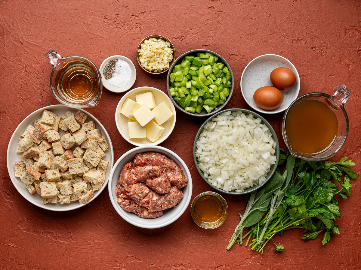Recipe ingredients prepared in bowls.