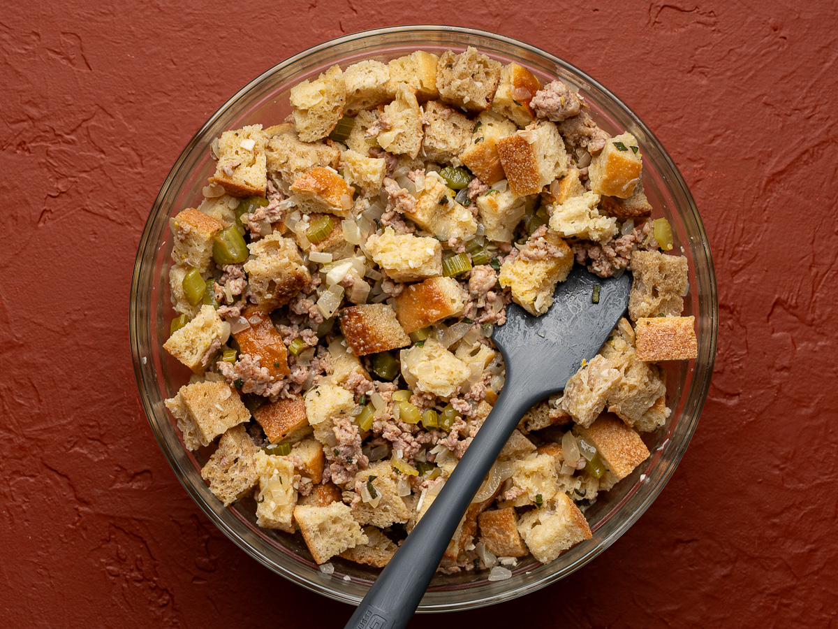 Stuffing mixture in glass bowl.