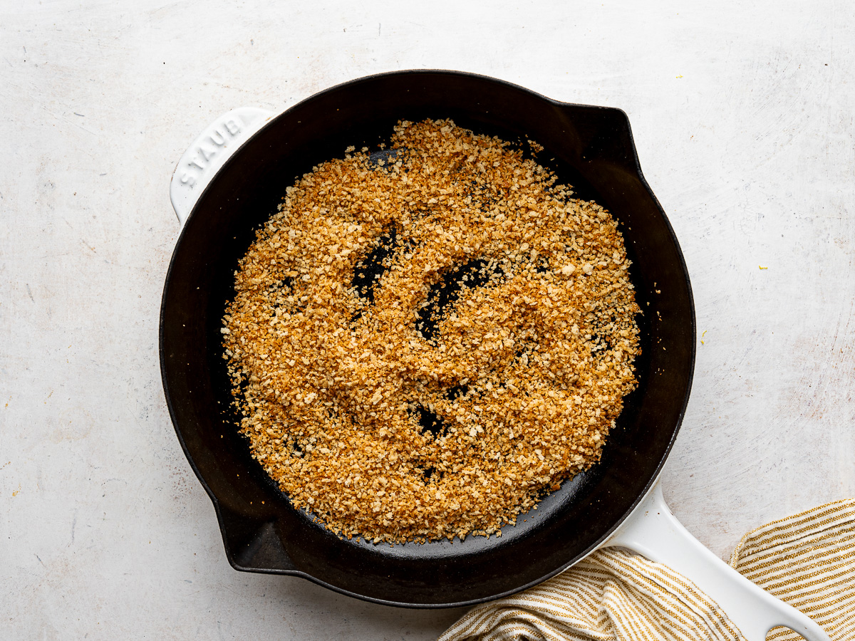 Toasted panko breadcrumbs in skillet.