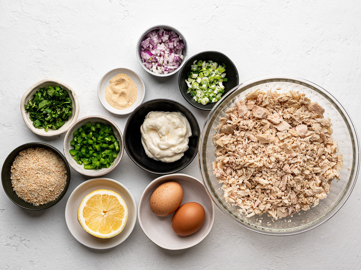 Ingredients for tuna patties prepared in individual bowls.