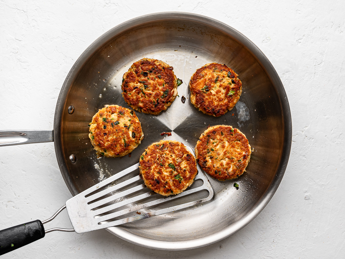 Pan-frying 5 patties in large skillet.