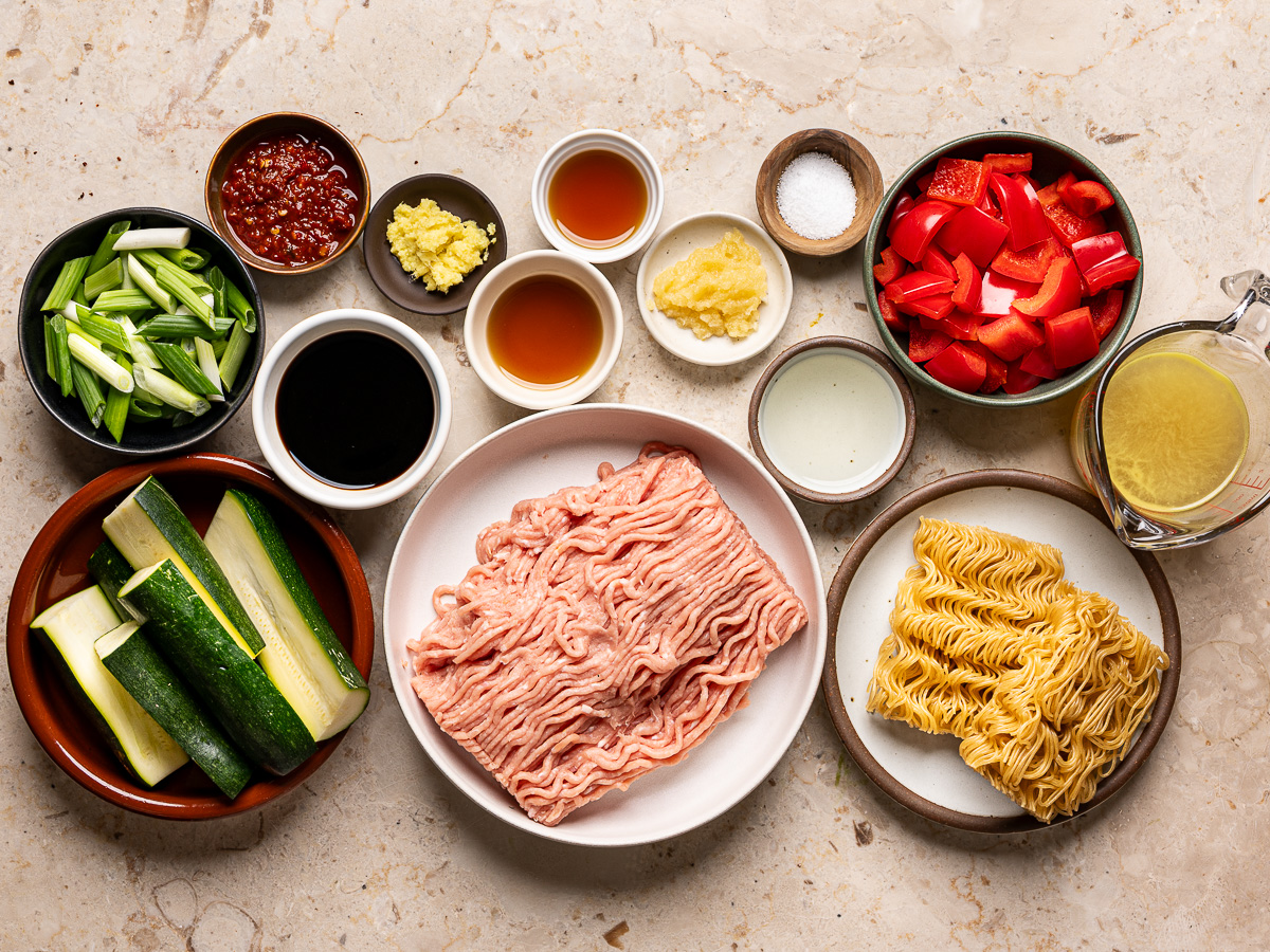 Recipe ingredients prepped in individual bowls.