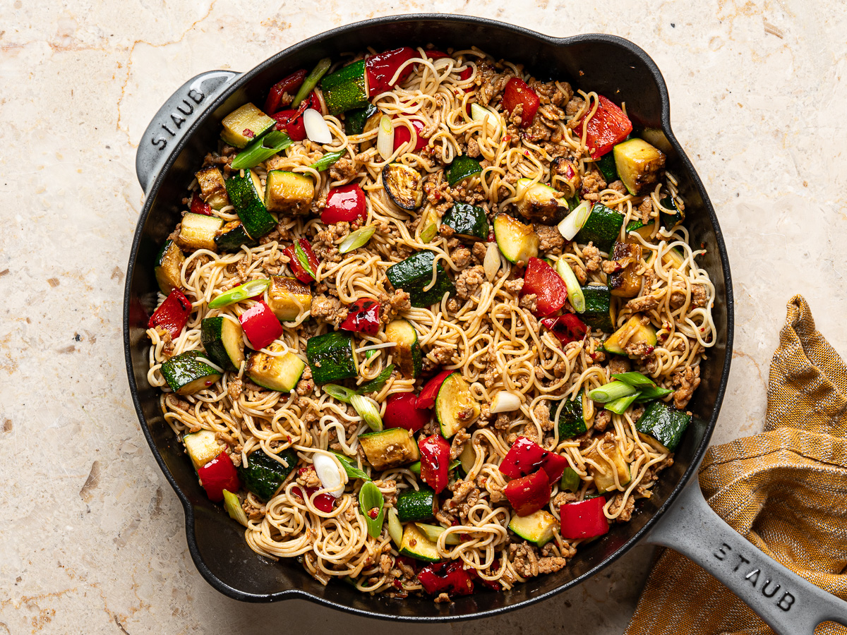 Finished stir-fry in skillet.