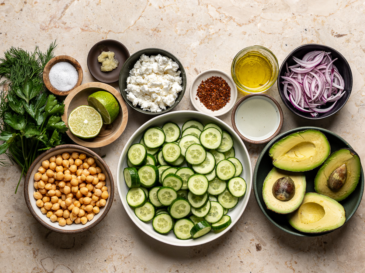 Recipe ingredients prepared in individual bowls.