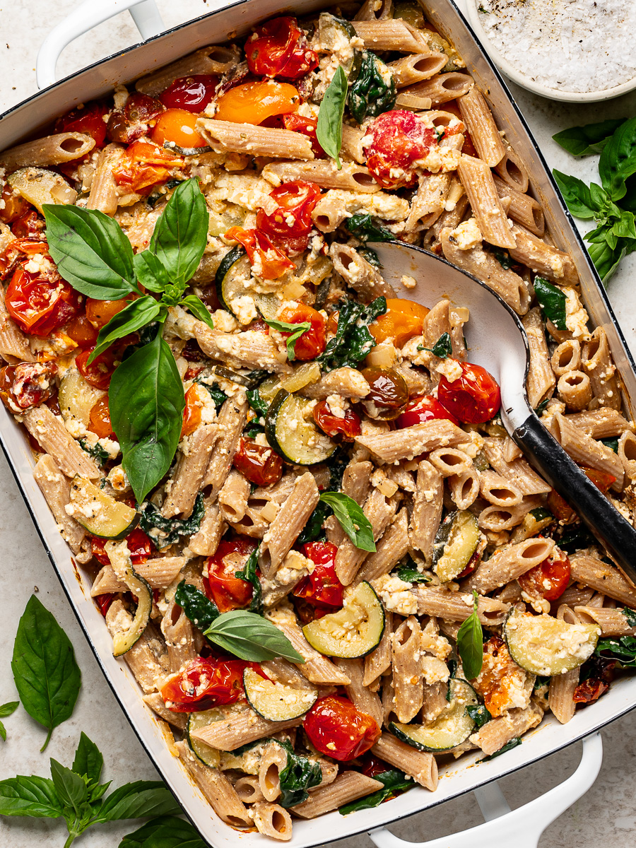 Feta Baked Pasta with Burst Tomatoes and Zucchini